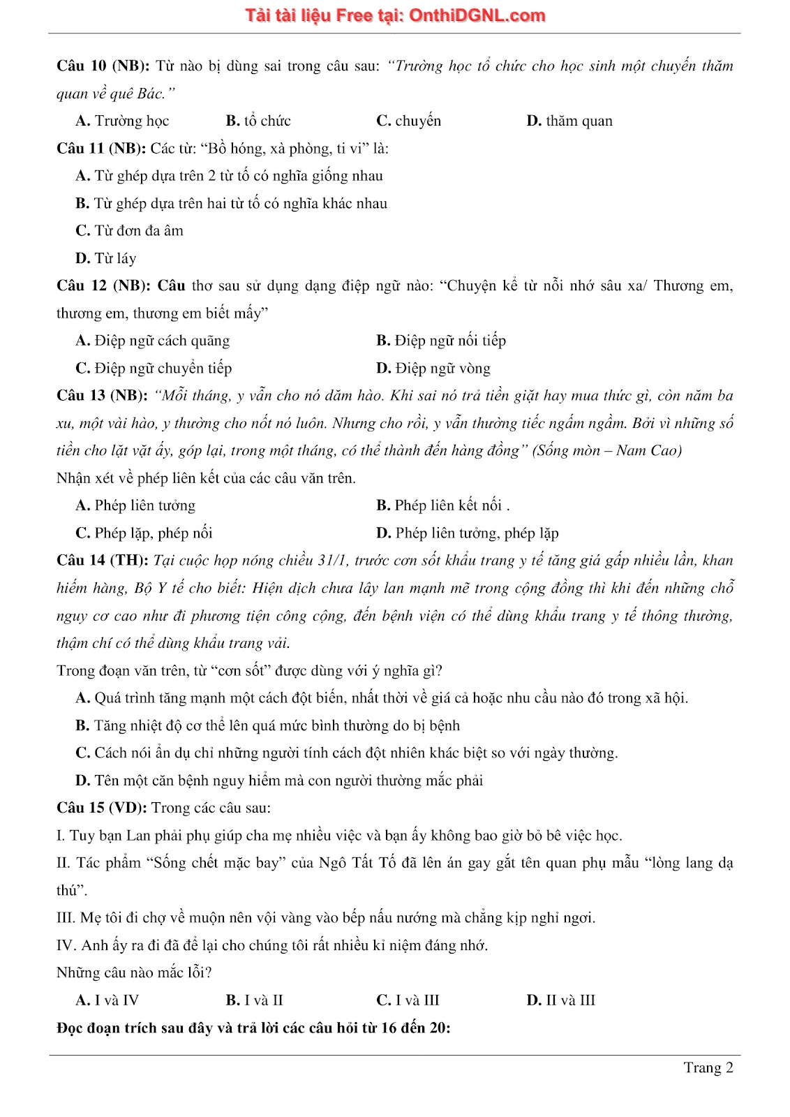 500 bài tập môn Ngữ Văn - Ôn thi ĐGNL ĐHQG TP HCM Phần 2