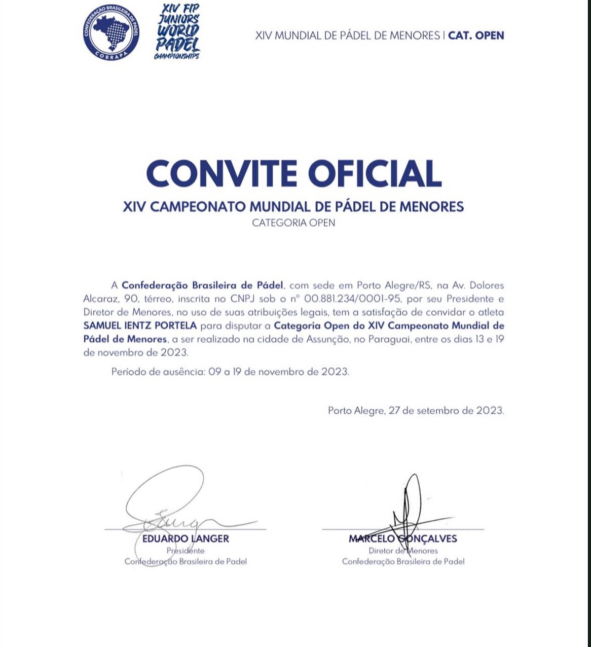 Convite oficial CBPadel XIV Mundial 2023