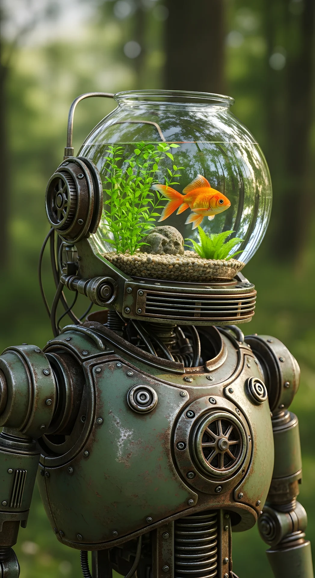 Steampunk Robot Head Aquarium Goldfish Forest Scene - Free 4K mobile Wallpaper