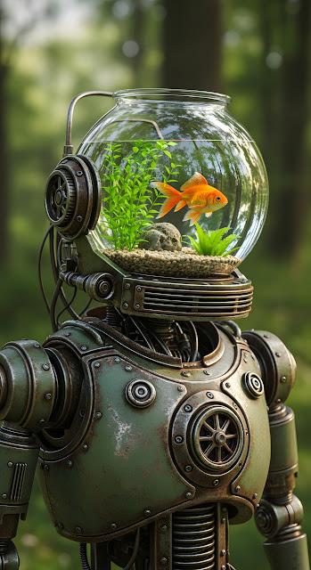 Steampunk Robot Head Aquarium Goldfish Forest Scene - Free mobile Wallpaper