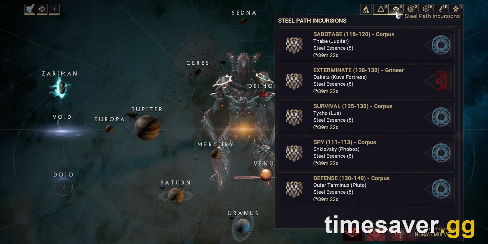 The Steel Path Incursions panel on the Warframe star chart, listing daily missions that each award 5 Steel Essence