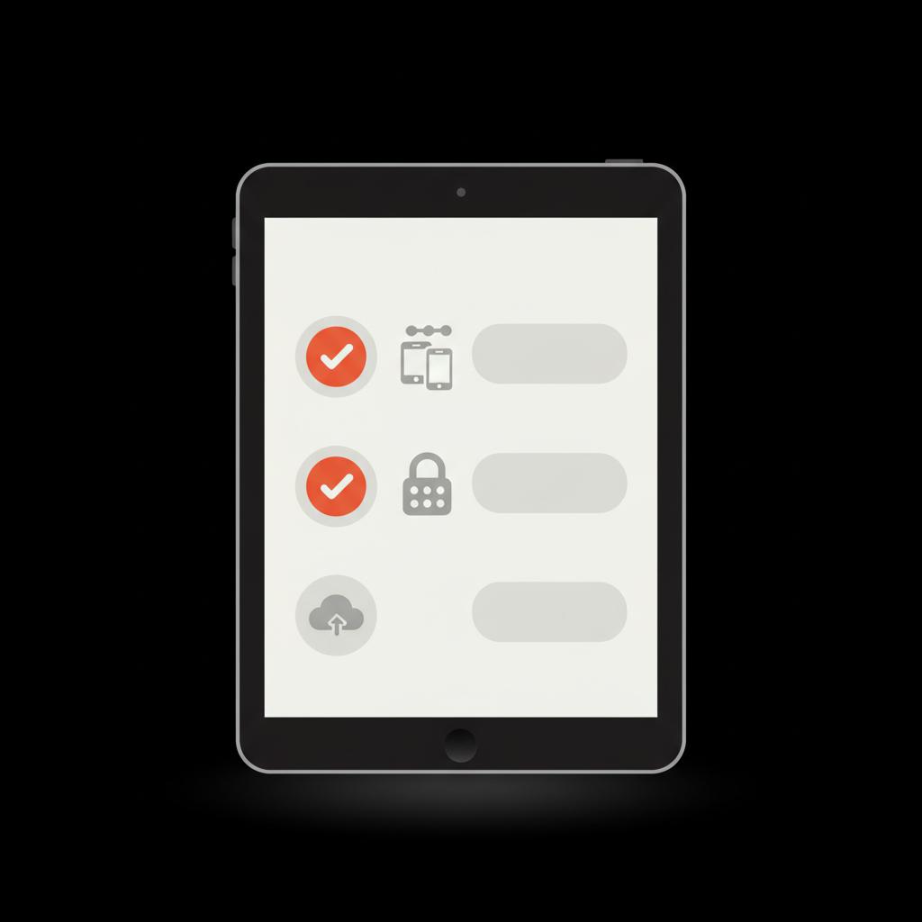 Vector tablet checklist with icons for linked devices, PIN keypad, and cloud backup illustrating prevention steps for unauthorized WhatsApp access on a high-contrast black background.
