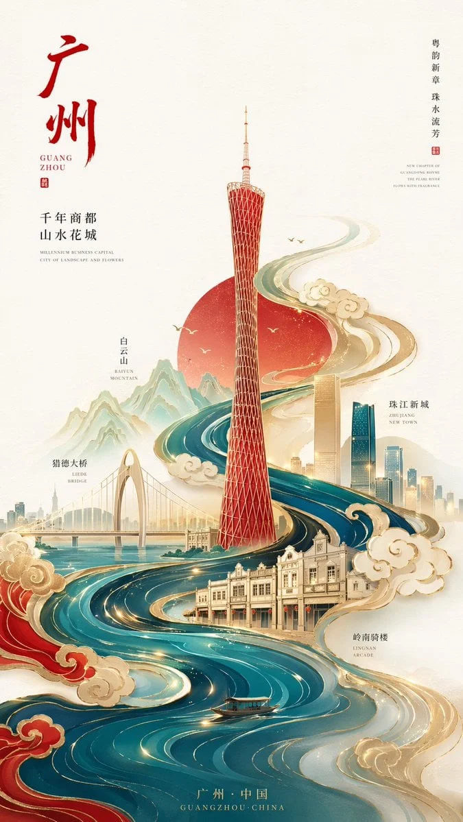 Un póster urbano de alta gama con un estilo chino minimalista y moderno, en formato vertical 9:16. Con Guangzhou como tema central, la imagen se centra en una Torre de Cantón abstracta y de diseño geométrico, cuya forma simple pero fácilmente reconocible...