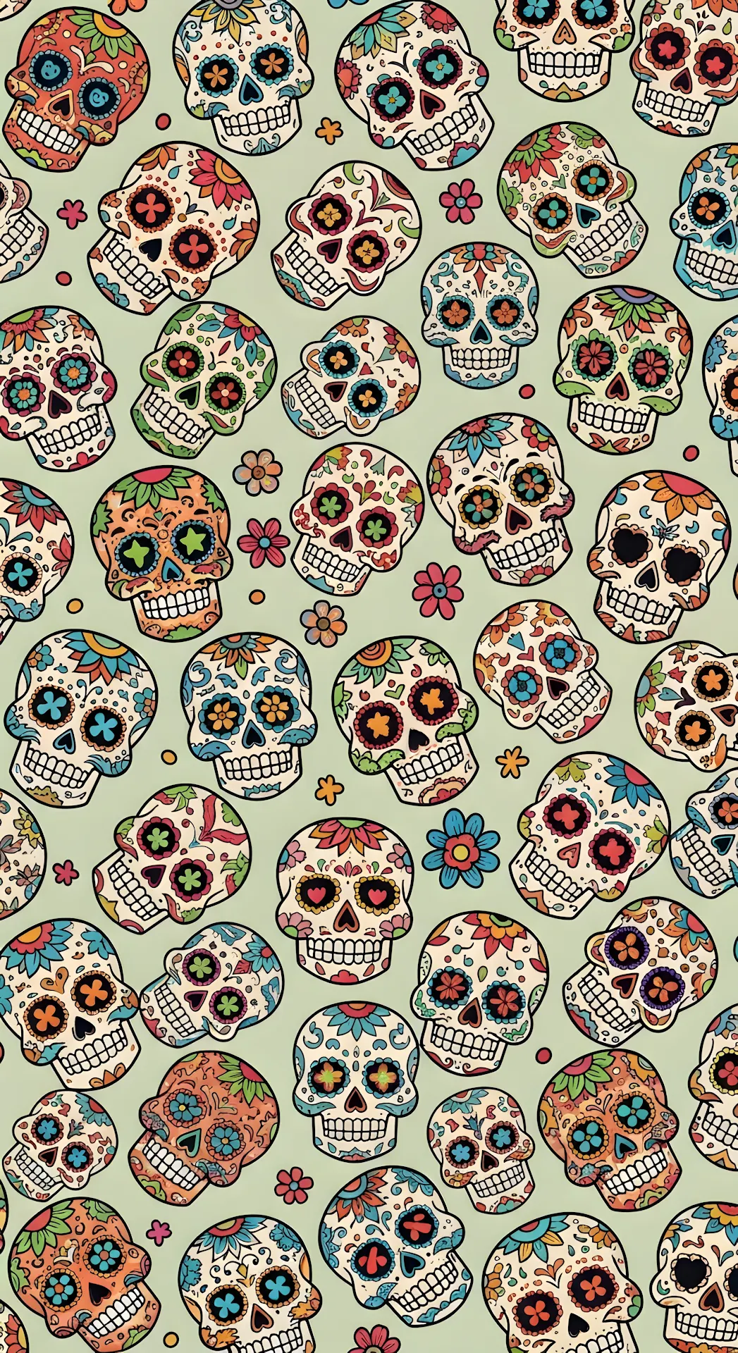 Vertical Seamless Pattern of Colorful Mexican Sugar Skulls on a Pale Background - Free 4K mobile Wallpaper