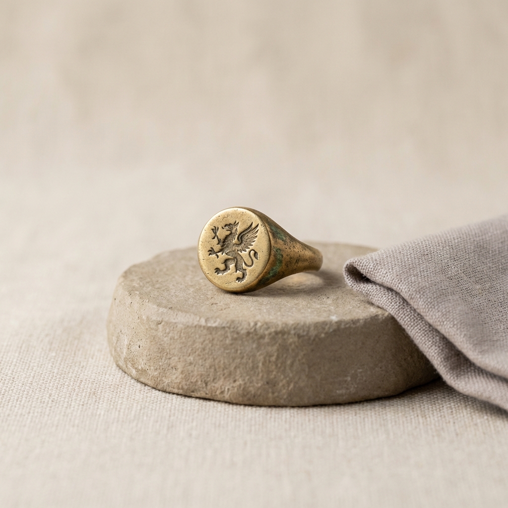 ancient signet ring on a minimalist pale warm neutral background ede7da with subtle linen secondary c2bdb6 and warm brass accents ae8339 product style full frame clean composition no black bars