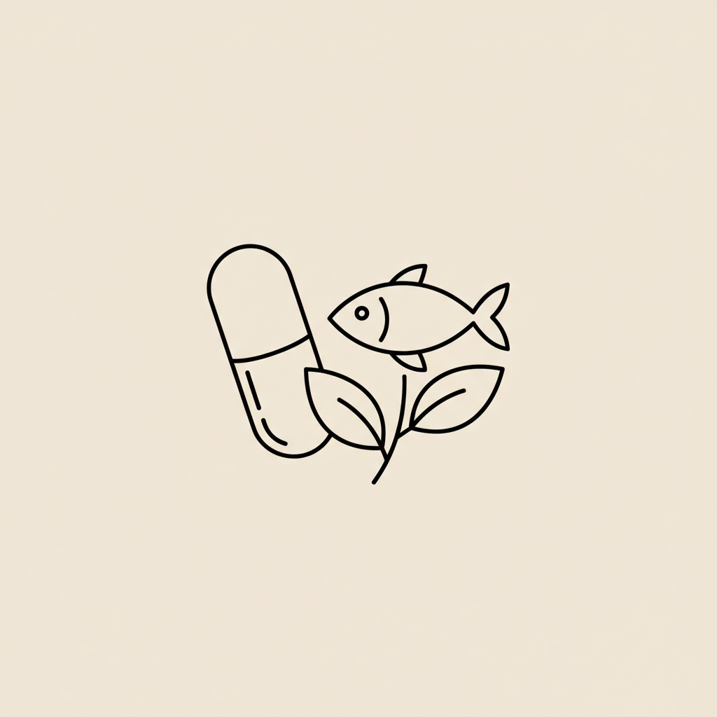 Minimalist Tonum-style line vector of a capsule, a fish icon, and an herb leaf on a beige background representing best supplement for focus and memory