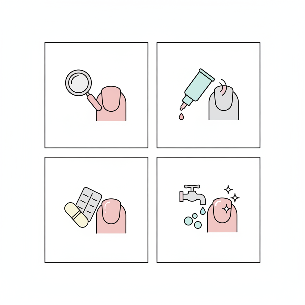 Minimalistische 2D-Vektor-Infografik zu Nagelpilz mit vier Icons: Diagnose (Lupe+Nagel), topische Therapie, systemische Therapie (Tablette) und Hygiene-Tipps in NailX-Farben.