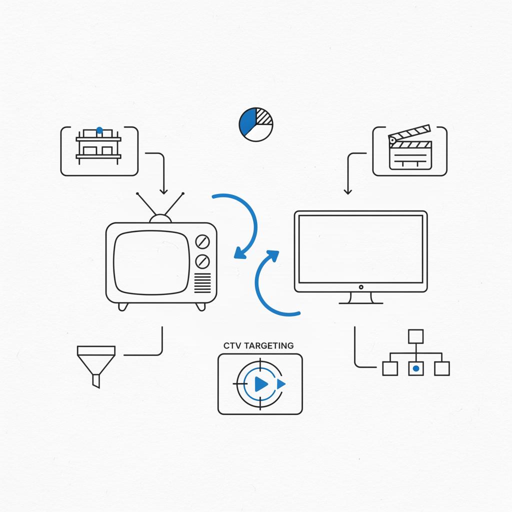 Minimalist vector diagram of vintage and smart TV icons connected to product placement, brand film and CTV targeting sketches for television advertising