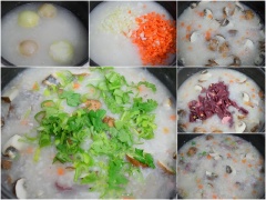 Cho xương đã luộc sơ, rửa sạch vào nồi, thêm 2 lít nước, 1 muỗng cà phê hạt nêm, 2 củ hành tây bổ đôi, gừng cắt lát mỏng vào. Đun sôi, nếu có bọt thì hớt lại một lần nữa. Cho gạo đã ngâm nước vào, đảo nhẹ. Đậy vung lại, đun sôi. Vớt xác hành tây và gừng bỏ đi. Cho tất cả hành tây và cà rốt cắt hạt lựu vào, đun sôi khoảng 5 phút. Cho tim heo vào, nêm nếm lại vừa ăn, tắt bếp.