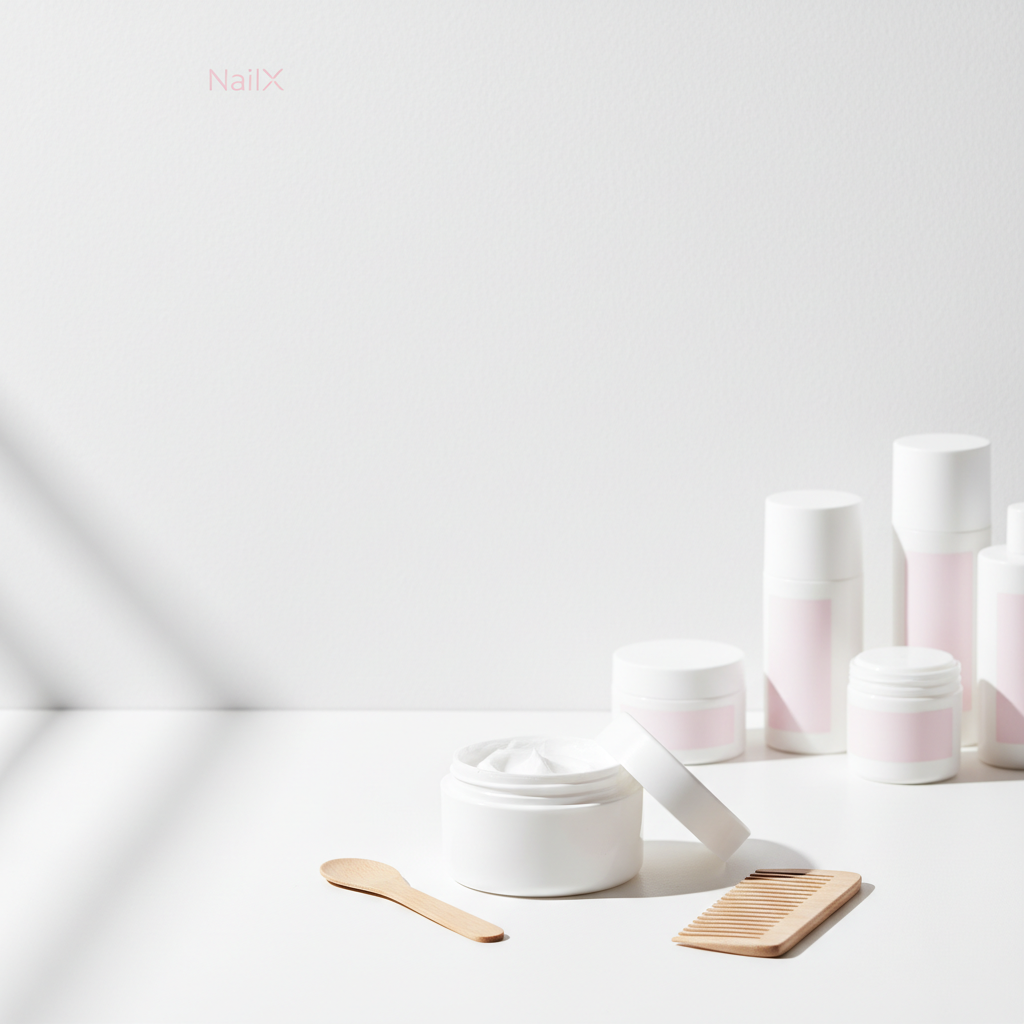 Helles, minimalistisches Badezimmer-Arrangement mit geöffnetem Tiegel Feuchtigkeitsmaske, Holzlöffel und breitzahnigem Kamm in NailX-Farben, Fokus auf brüchiges Haar Pflege.