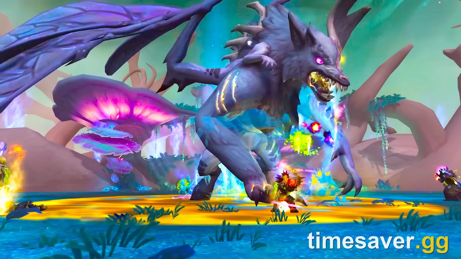 Players fighting a large World Boss in an open zone in World of Warcraft: Midnight, the encounter type being reworked into instanced Lairs in Patch 12.1