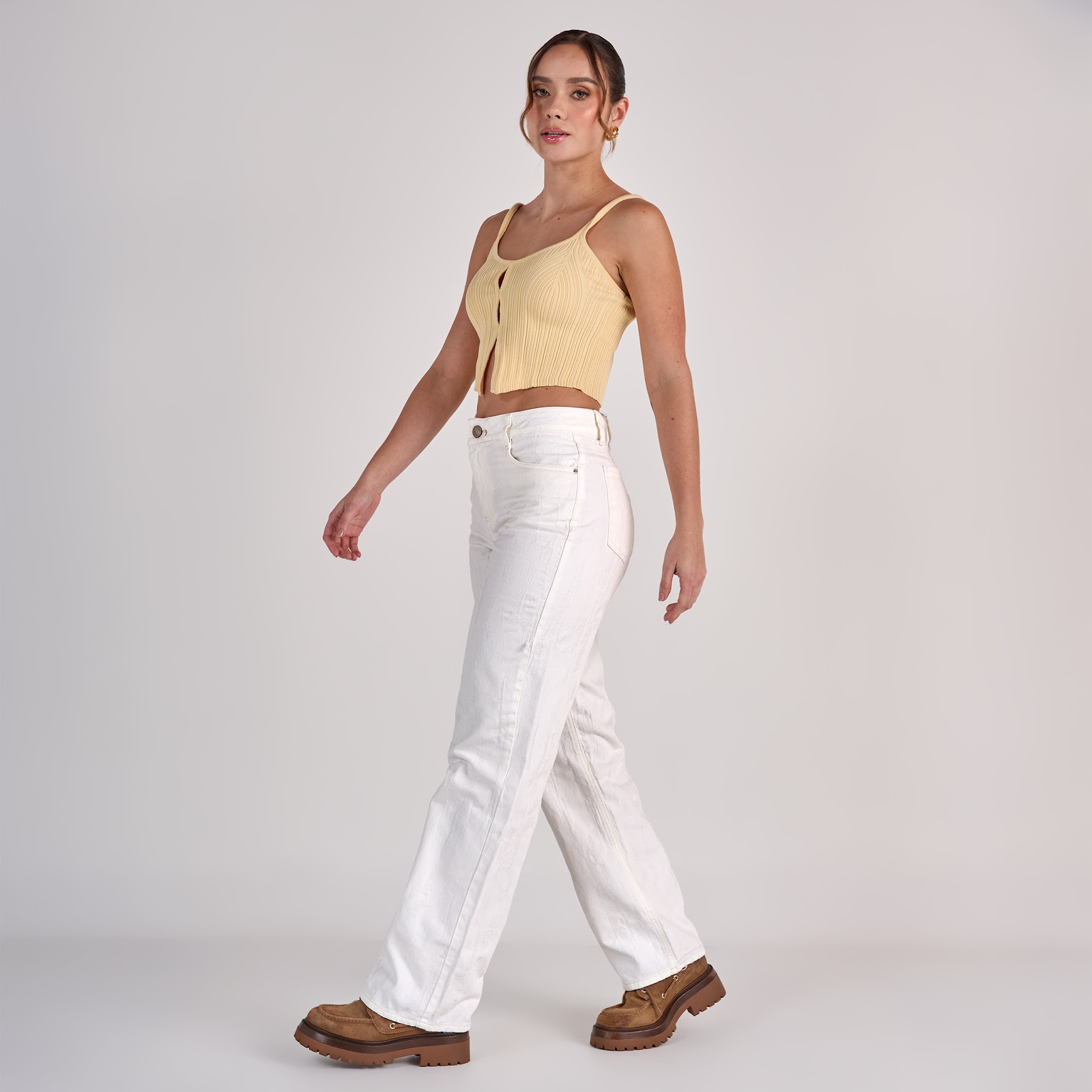 Jean straight tiro medio en denim rígido 100% algodón, color ivory - Vista 5