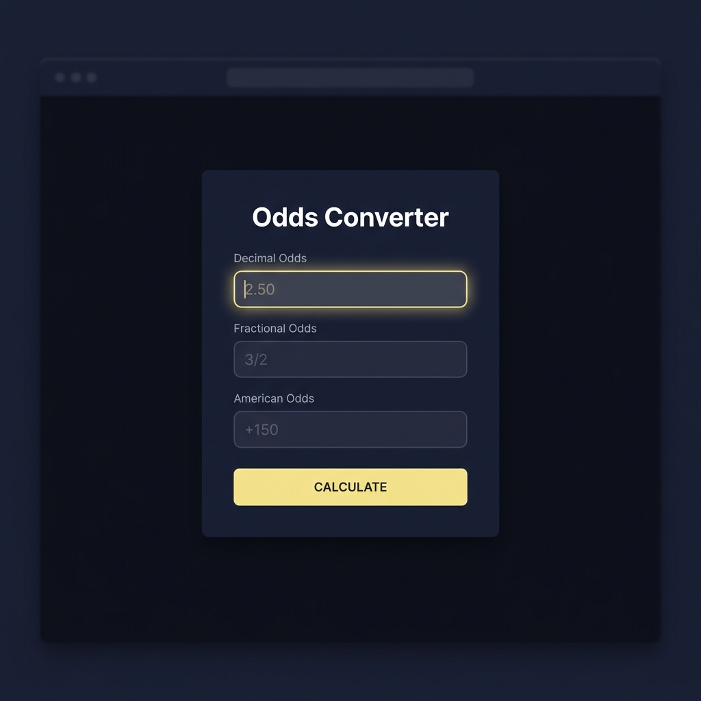 sports odds converter close up browser form showing decimal fractional and American odds fields in a clean Funded Plays dark minimalist UI style