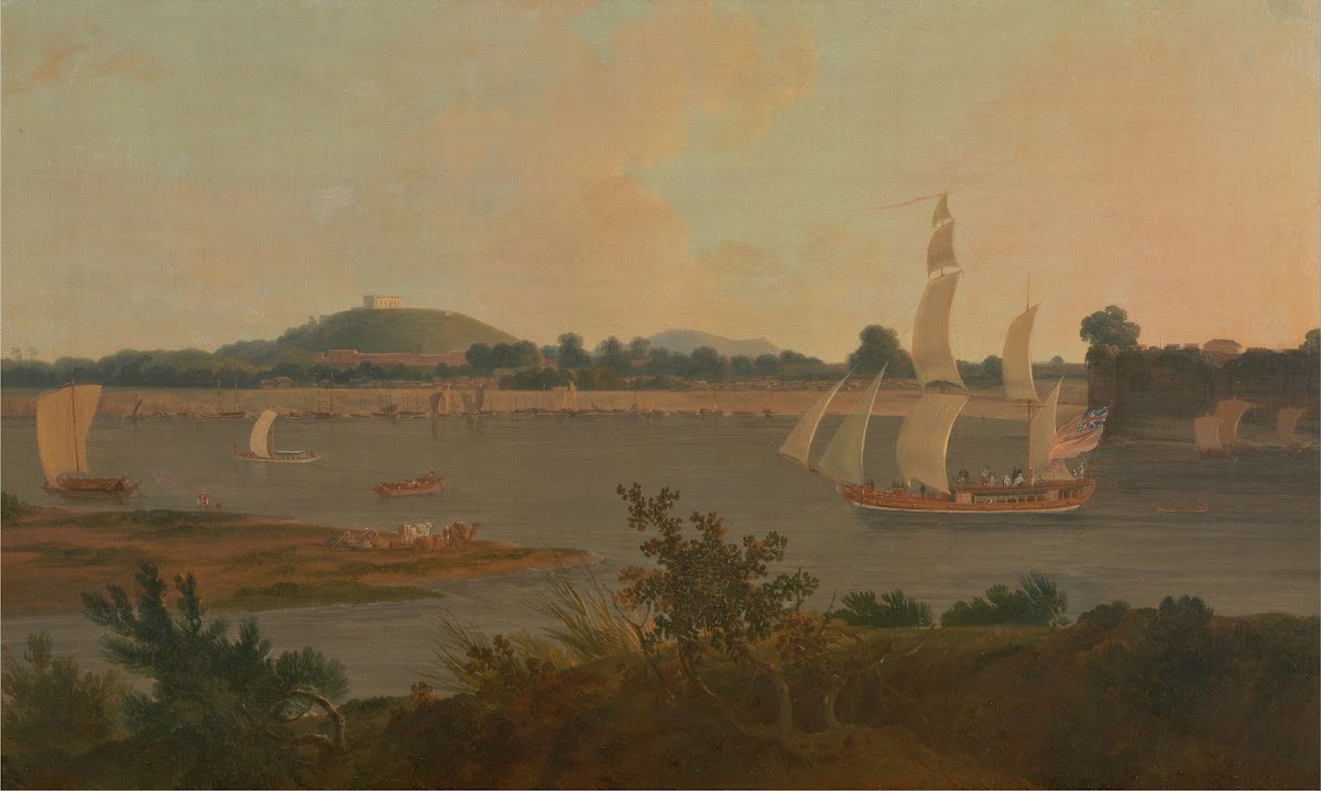 Pinnace sailing down the Ganges past Monghyr Fort ca 1791
