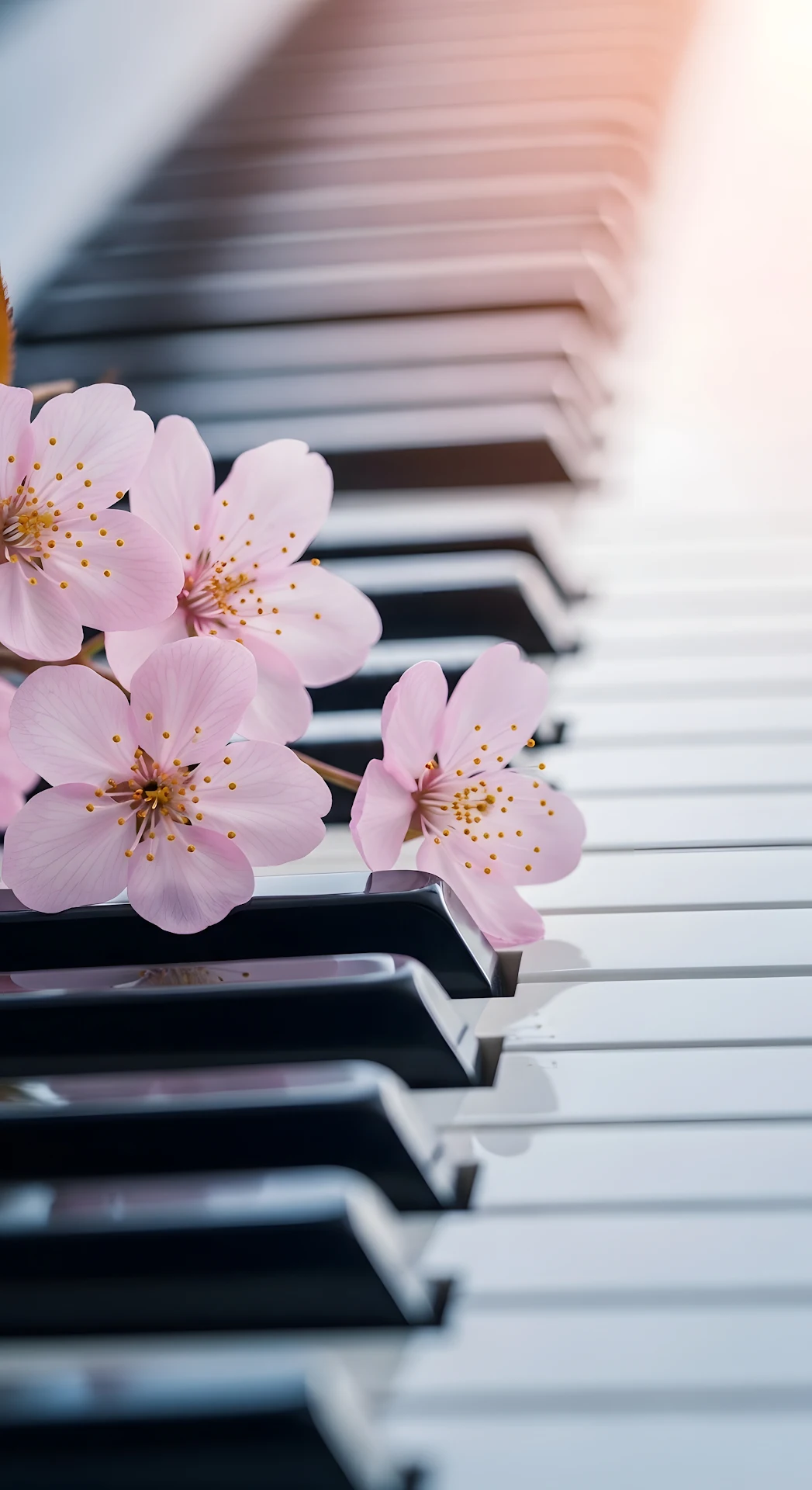 Soft Pink Cherry Blossoms Resting on Piano Keys - Free 4K mobile Wallpaper