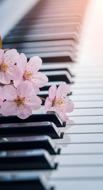 Soft Pink Cherry Blossoms Resting on Piano Keys - Free mobile Wallpaper