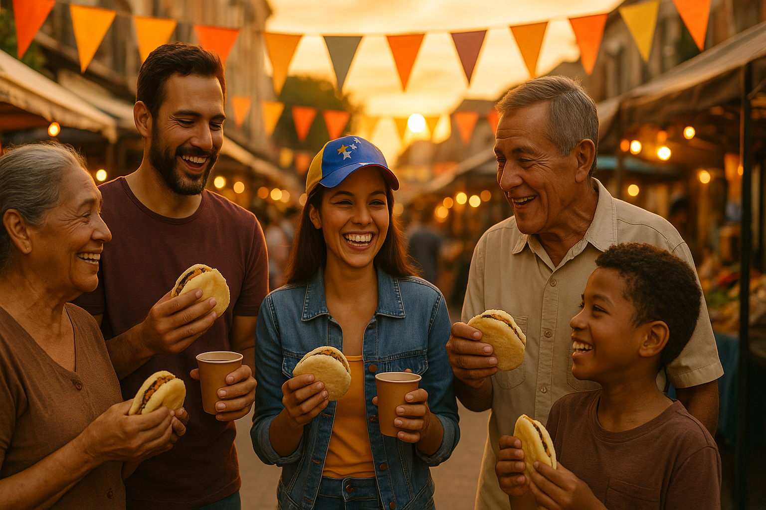 Venezolanos en la diáspora compartiendo comida y sonrisas en un mercado urbano