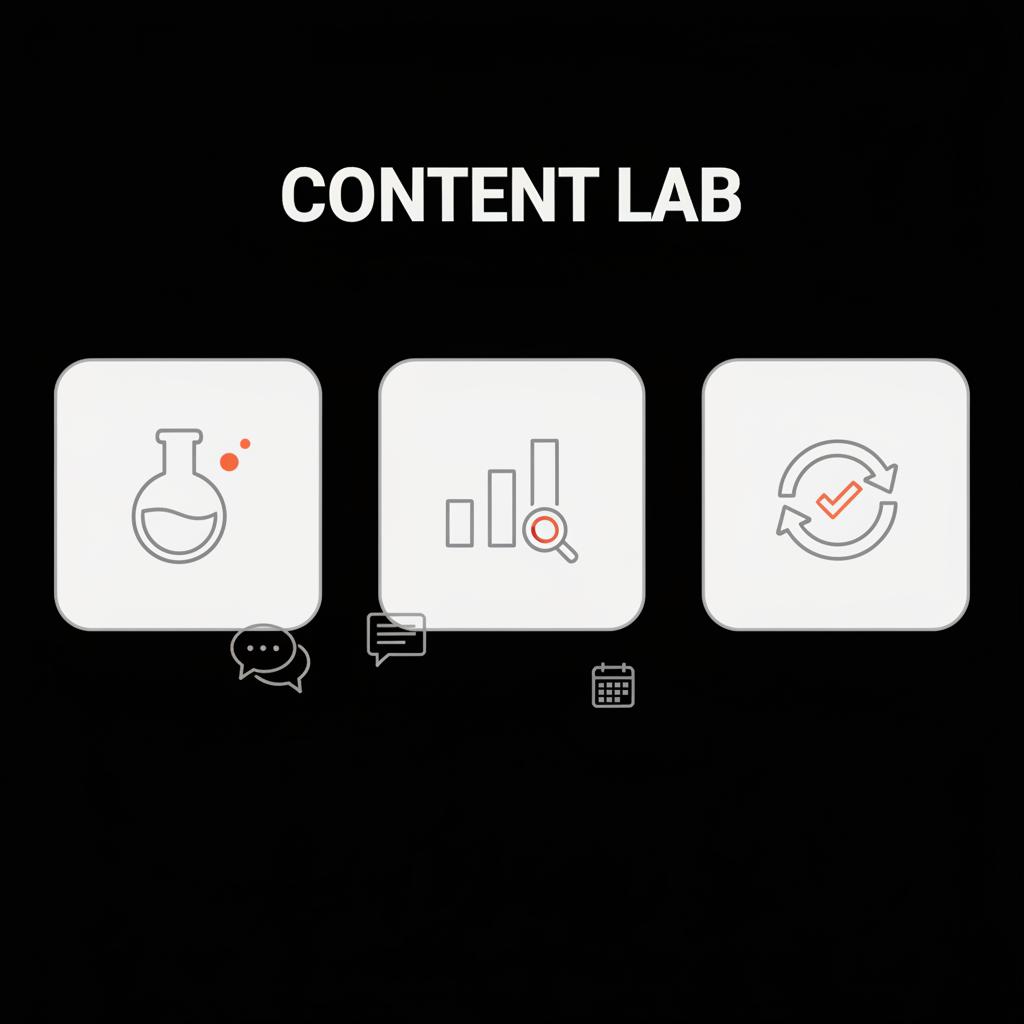 Minimal 2D vector content-lab checklist with icons for experiment, analytics, repeat plus chat bubbles and calendar on black background for highest paid TikToker article