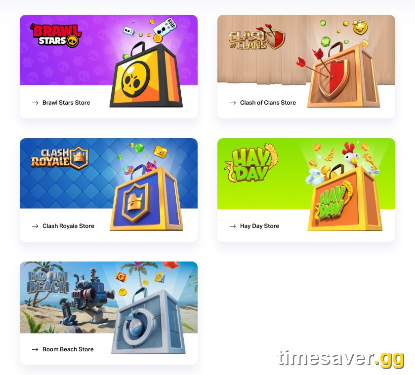 Supercell Store home page listing the Brawl Stars Store next to the Clash of Clans, Clash Royale, Hay Day and Boom Beach stores