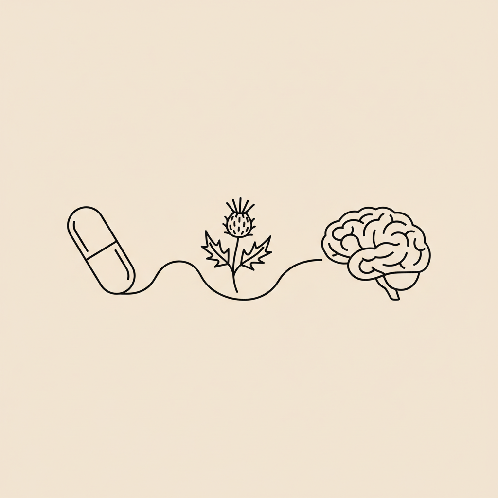 Minimalist line illustration of a capsule, milk thistle sprig, and stylized brain connected by a curved line on beige background, representing a memory supplement