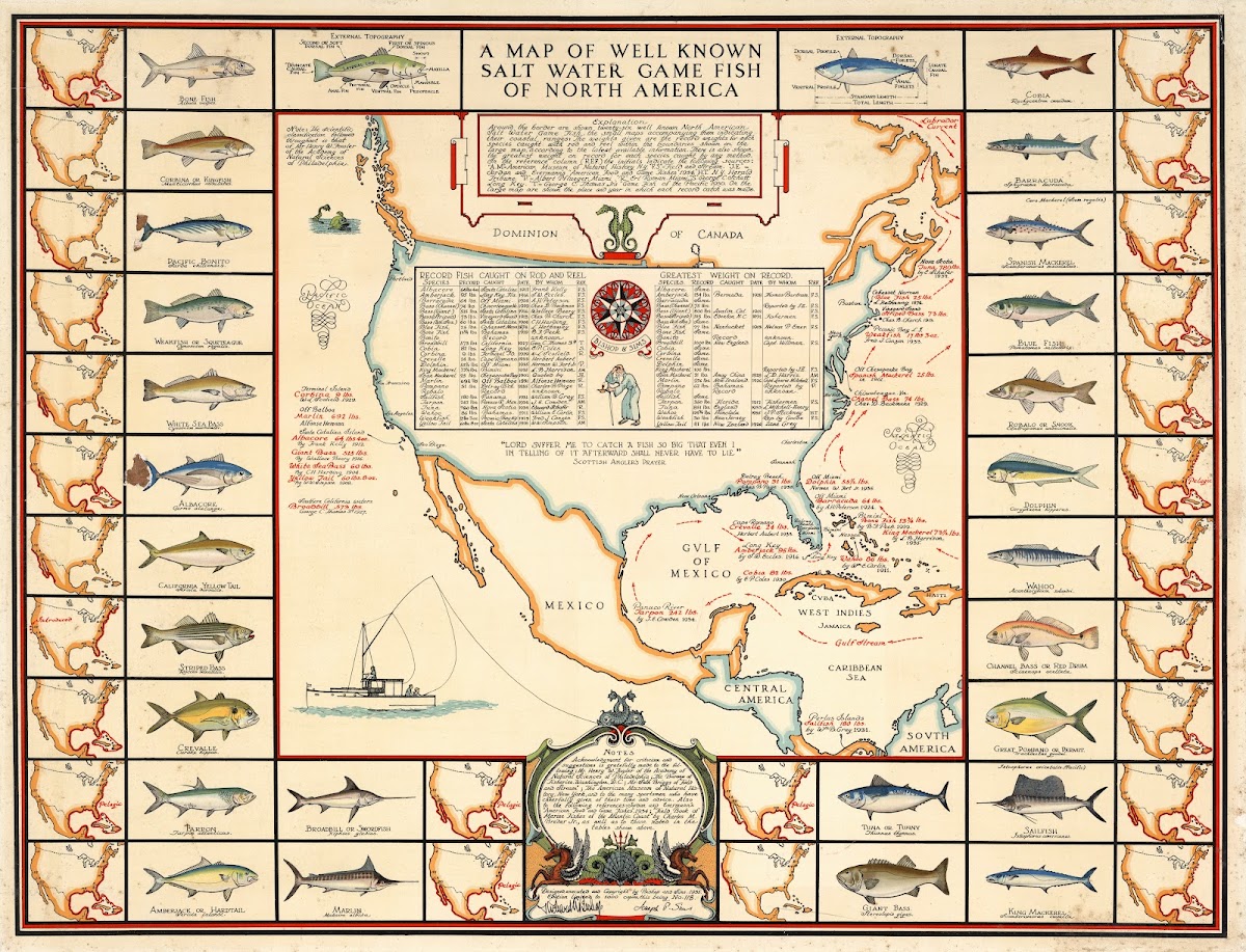 Map Of Well Known Salt Water Game Fish Of North America 1936