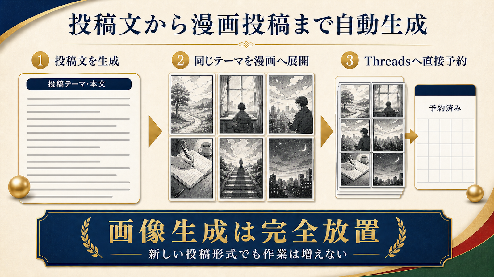 投稿文を生成し、同じテーマを6ページの漫画へ展開し、Threadsへ直接予約する自動生成の流れ