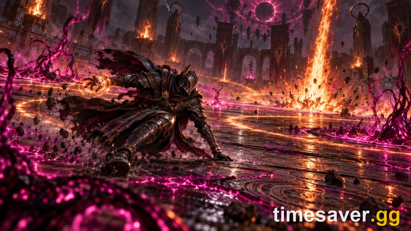 Armored spellcaster dodging boss spell effects inside a circular arena, illustrating a PoE pinnacle boss fight