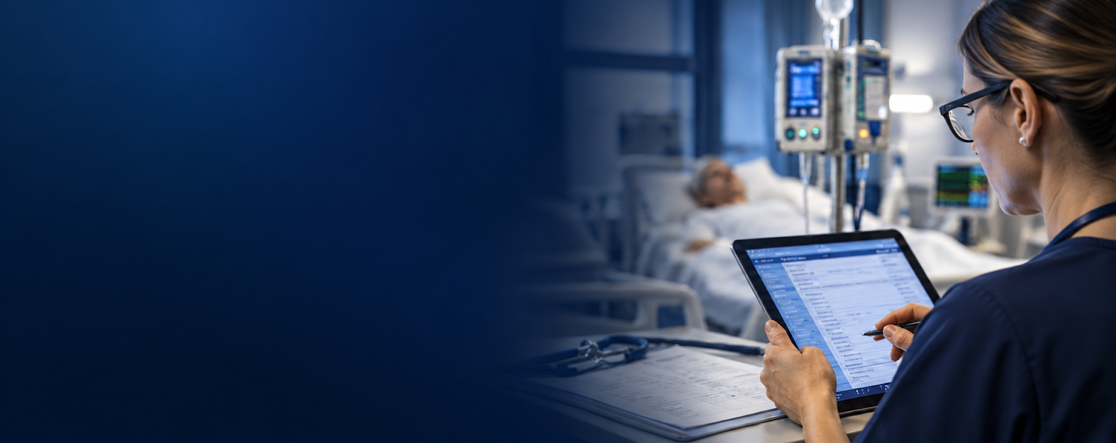 Enfermeira auditora analisando informações clínicas em tablet com bomba de infusão e paciente ao fundo