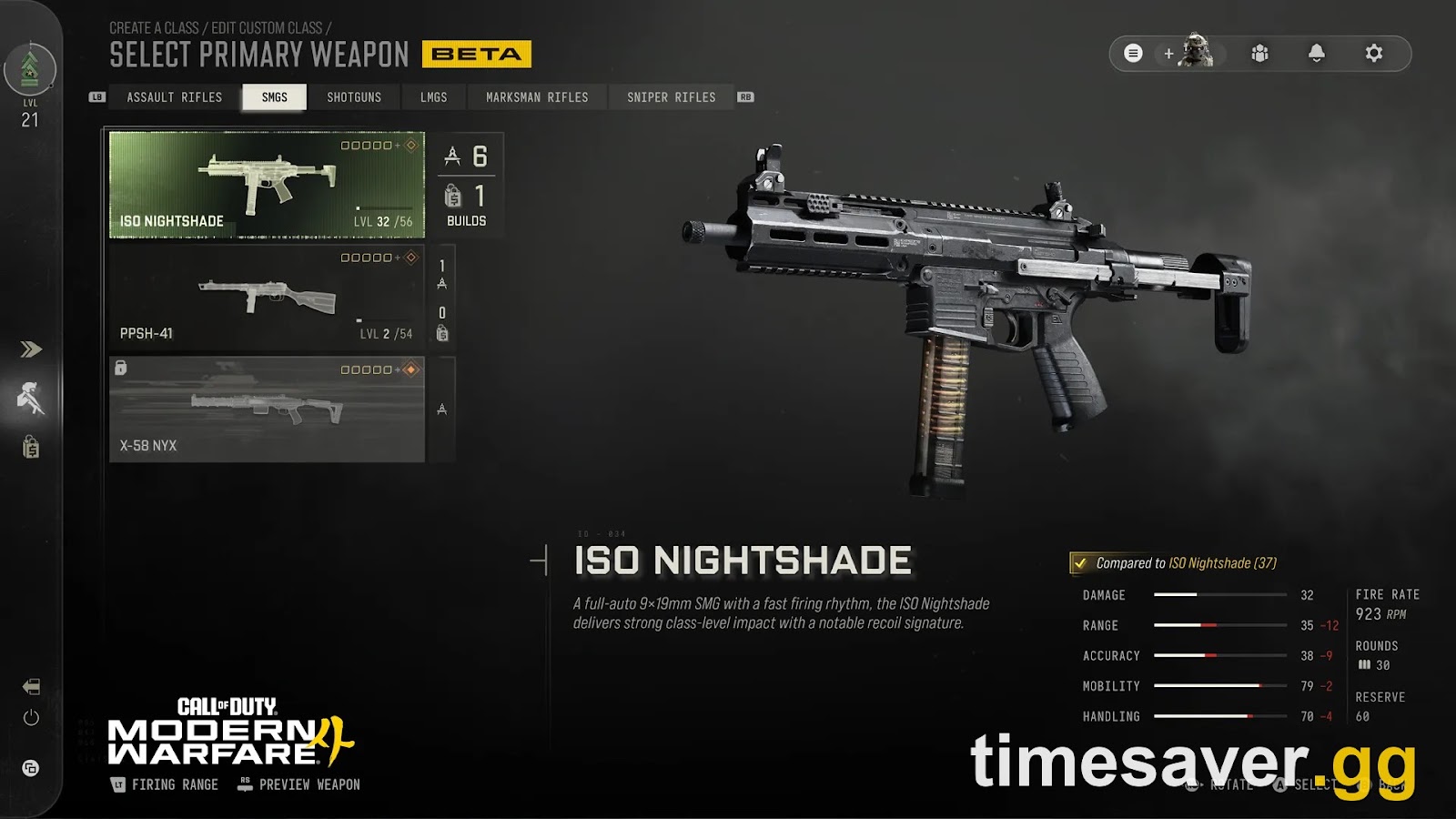 MW4 beta Select Primary Weapon screen — the SMG list with a locked weapon and unlock levels