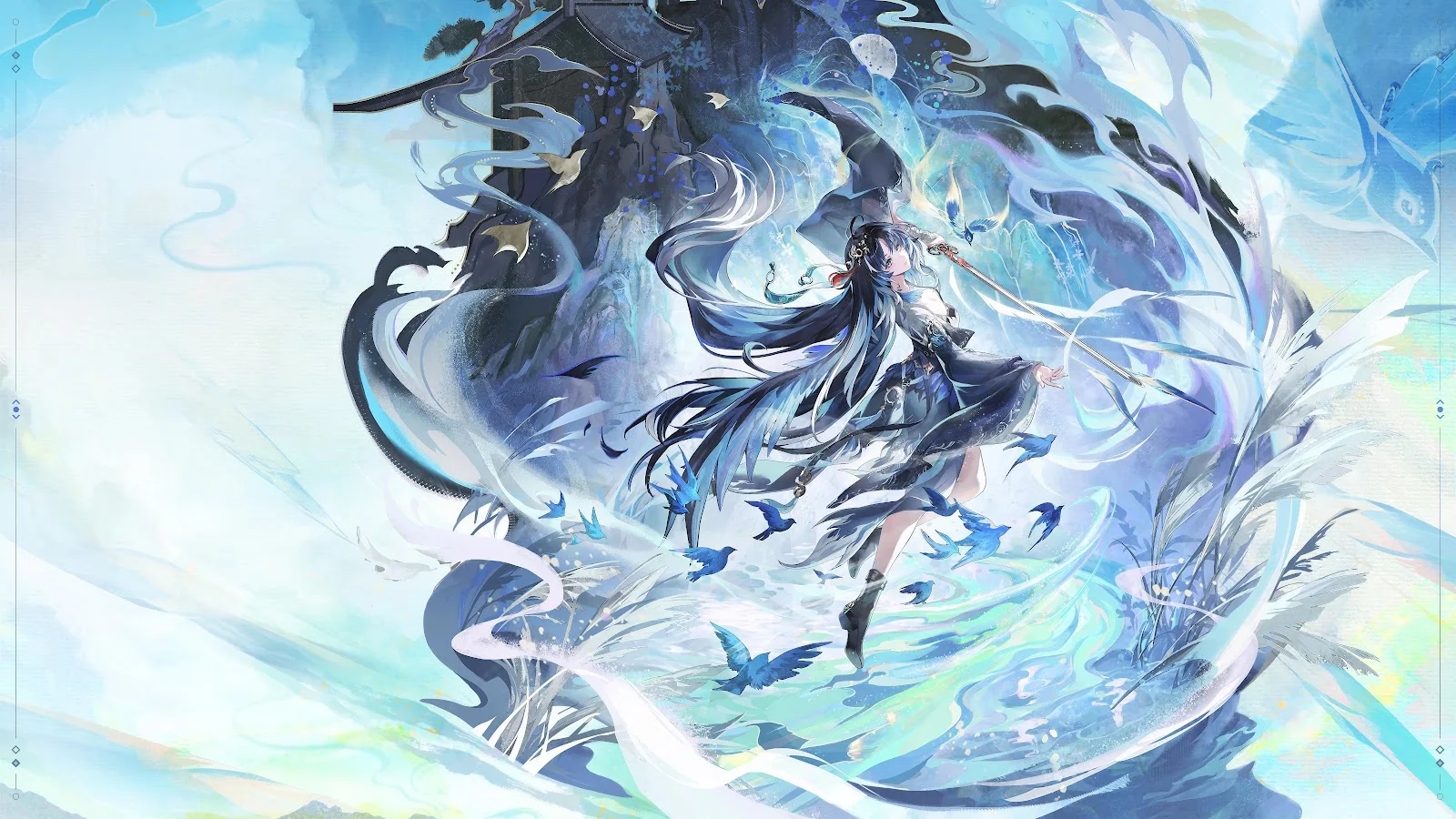Ethereal Anime Girl with Blue Birds - Digital Anime Art 8K Wallpaper (8000x4500)