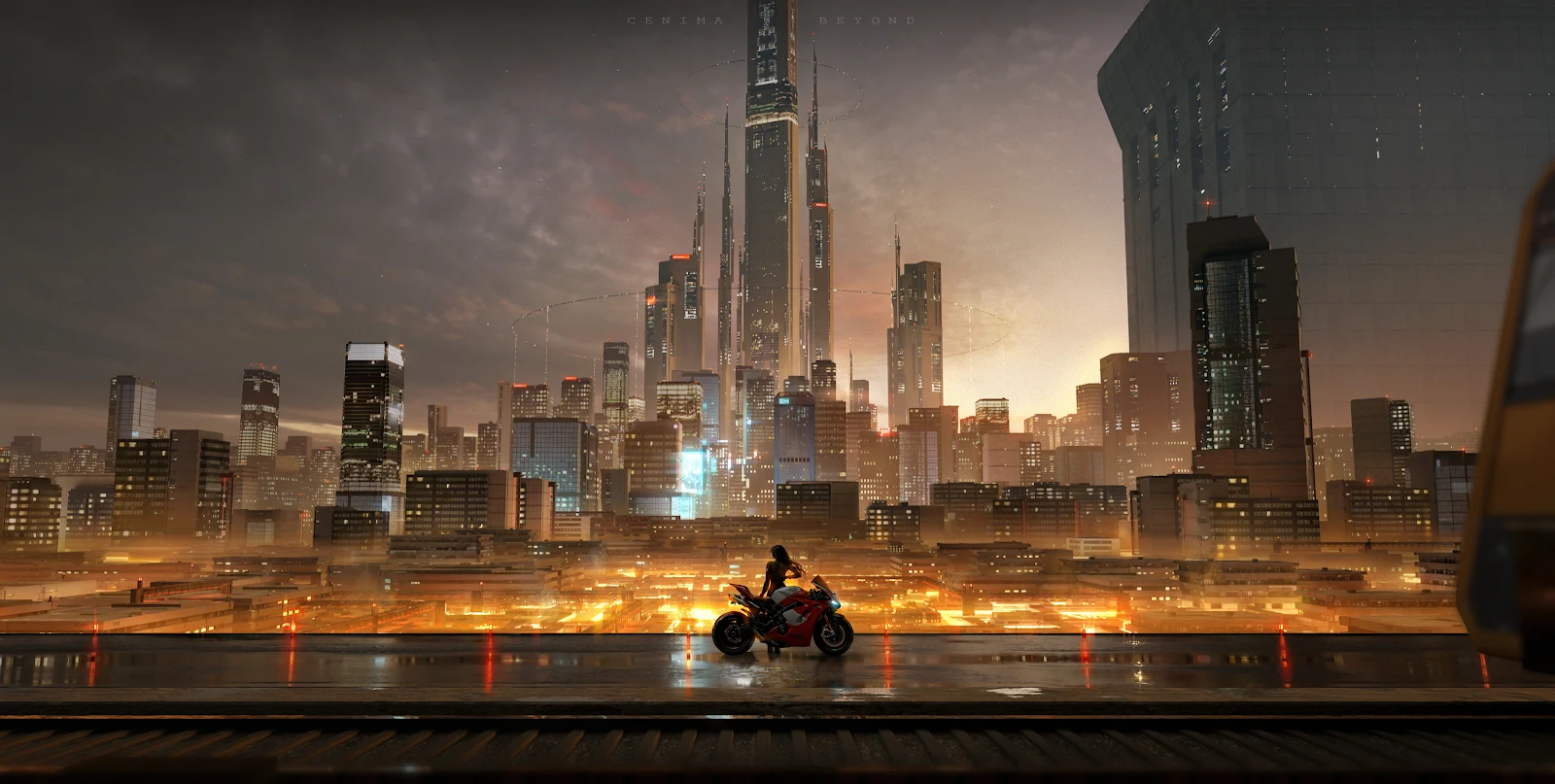 Futuristic Cityscape, Cyberpunk, Sci-Fi, Motorcycle 2K Wallpaper Background (3840x1936)