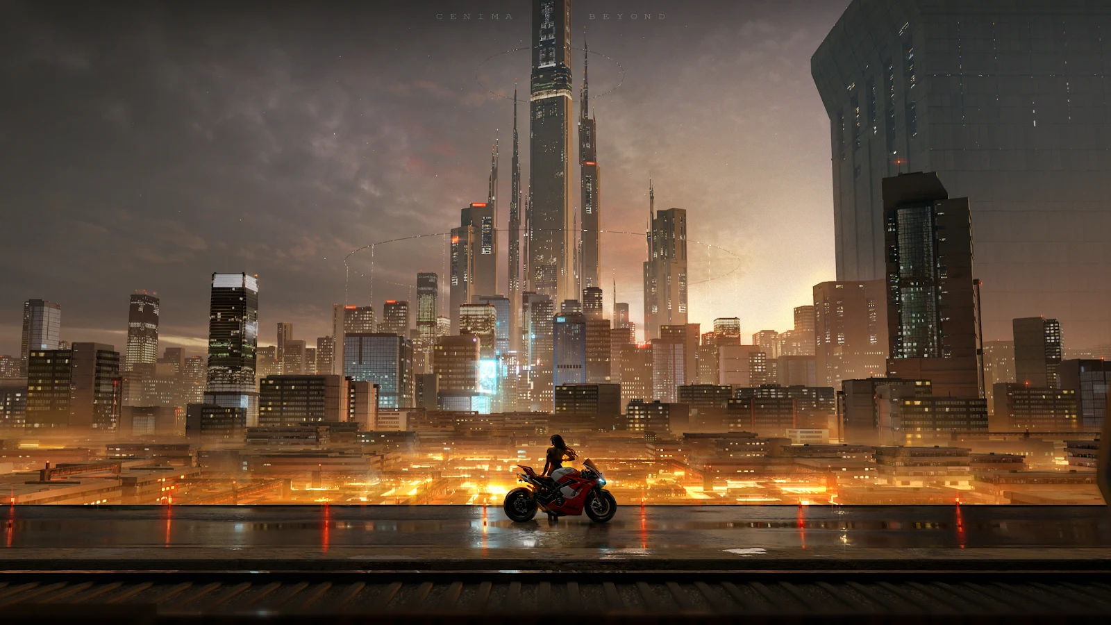 Futuristic Cityscape, Cyberpunk, Sci-Fi, Motorcycle 2K Desktop Wallpaper
