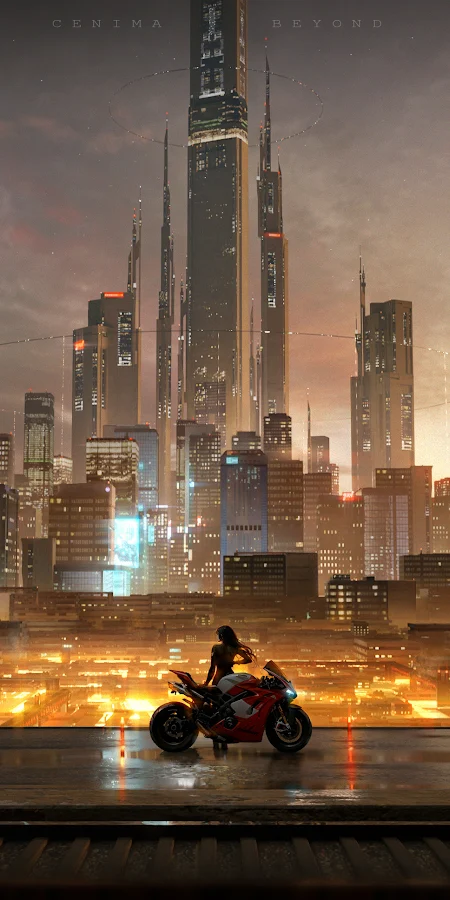 Futuristic Cityscape, Cyberpunk, Sci-Fi, Motorcycle 2K Phone Wallpaper