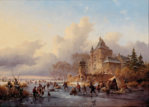 A winter landscape with activites on the ice near a castle 1850