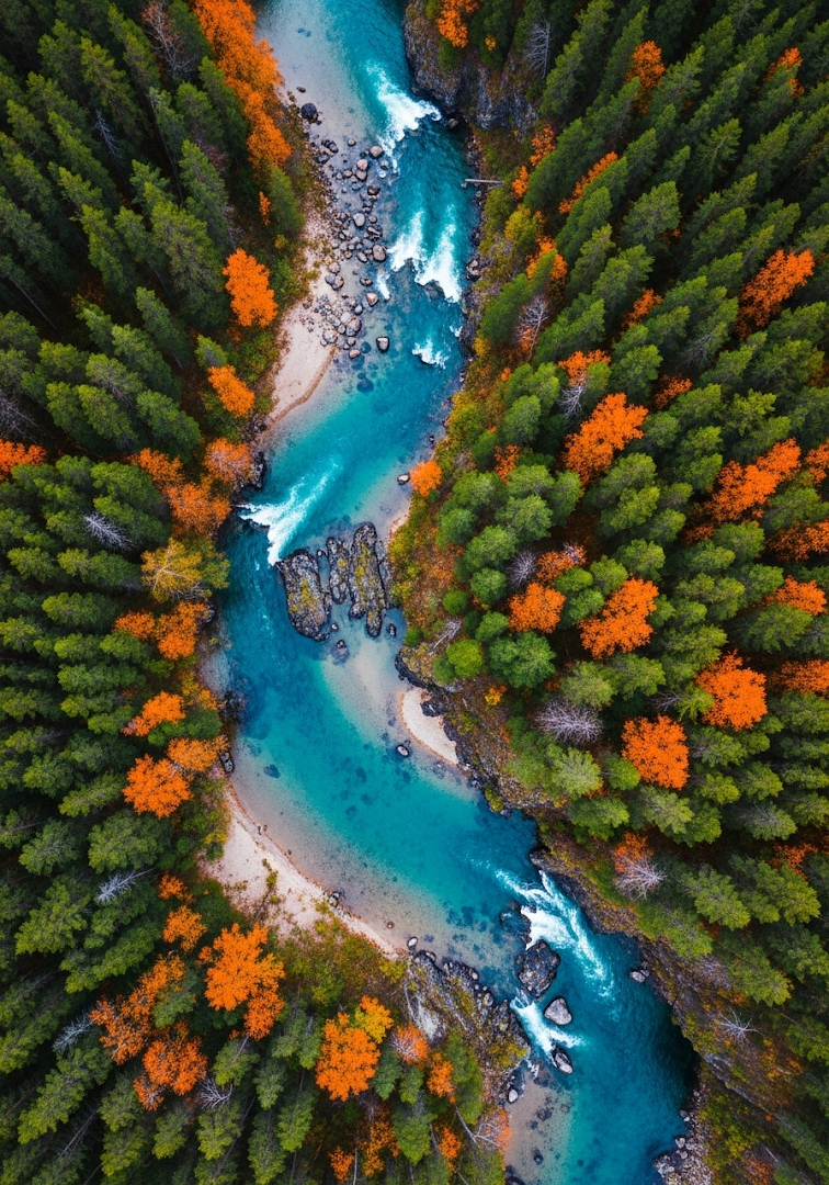 Aerial River Forest Autumn Scenery Lush Landscape