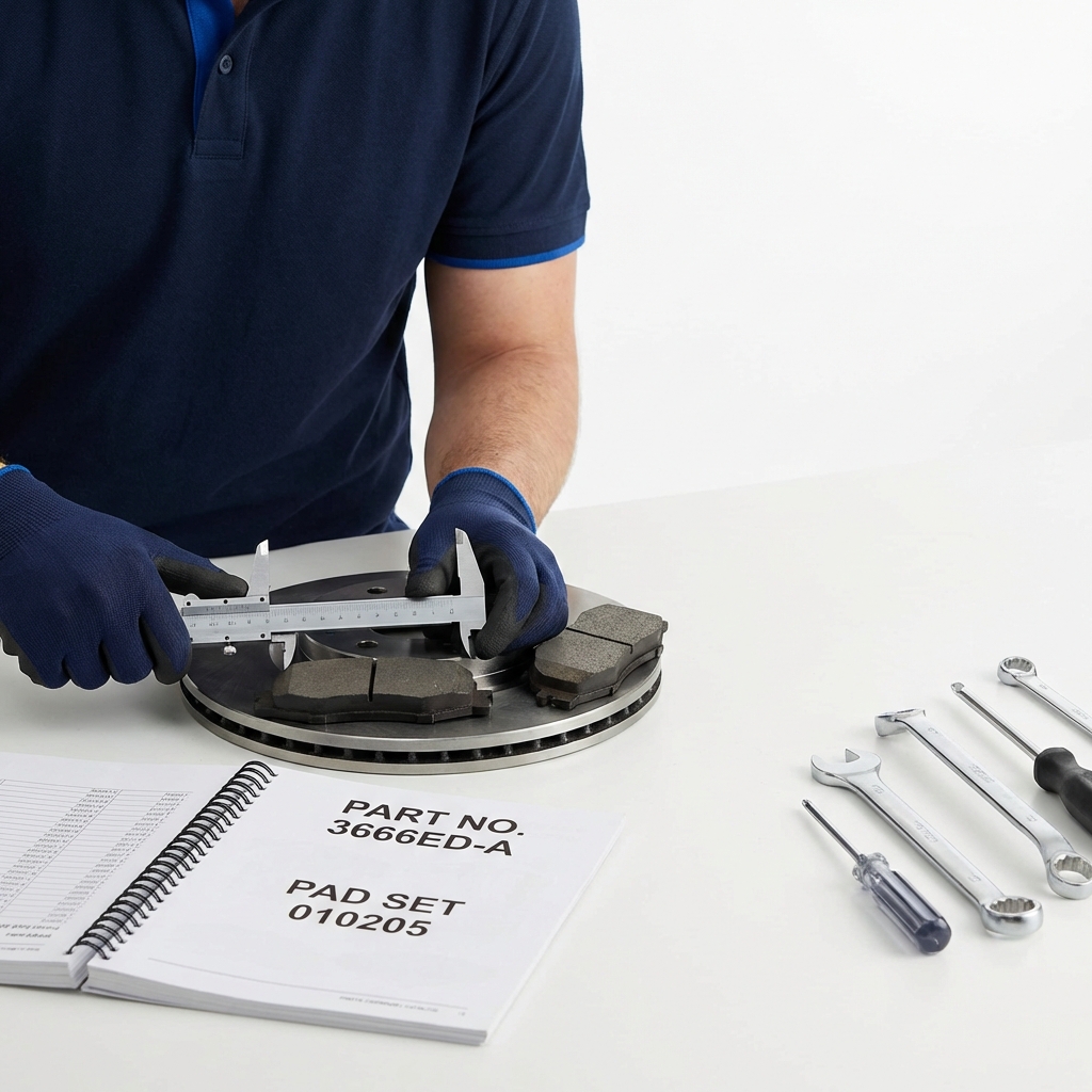 Mechanic inspecting brake rotor and brake pads next to parts catalog with clear labels hummer h2 for sale CarFax Deals aesthetic white background and blue accents