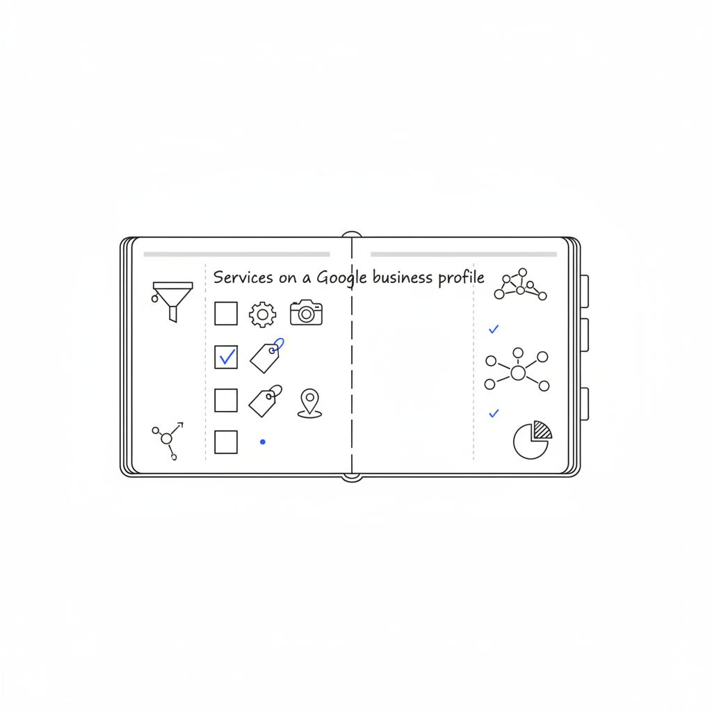 Overhead vector planner page with sketched checkboxes and icons for services, photos, pricing and map pin in Agency Visible colors &mdash; How do I list services on my Google business profile?