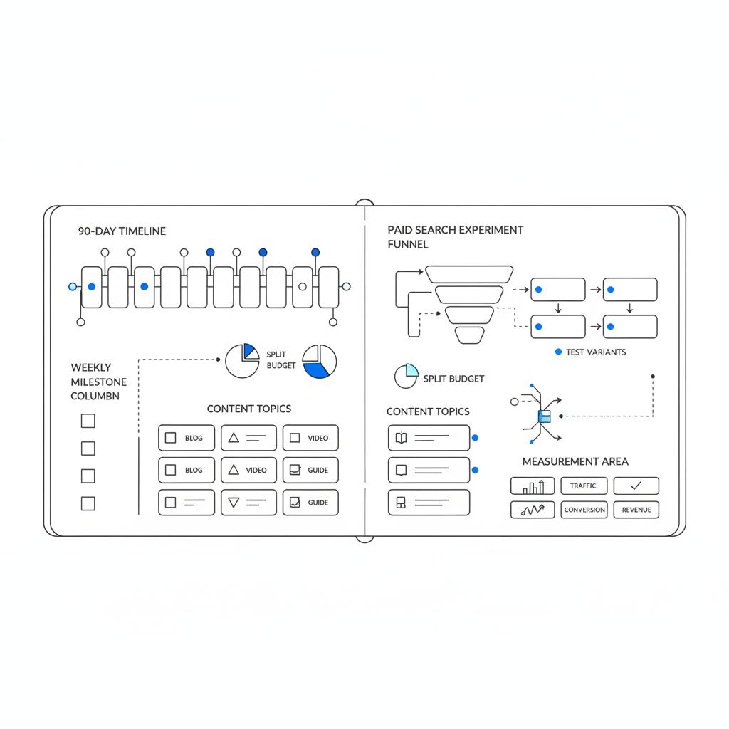 Vector notebook sketch of a 90-day marketing test for a law firm showing weekly milestones, paid search experiments, content topics, and measurement boxes &mdash; how do lawyers advertise their services