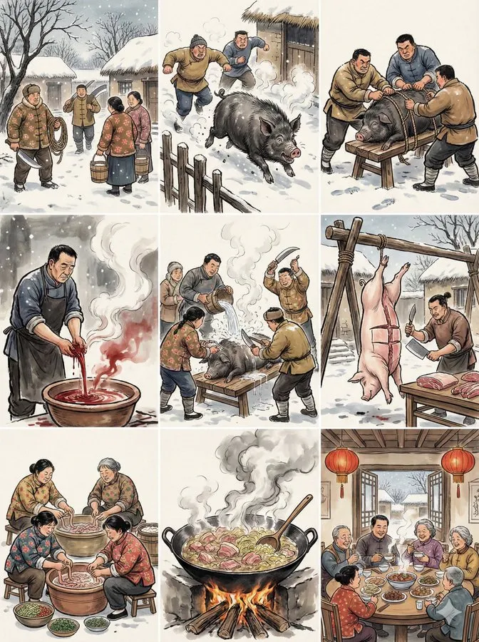 Ilustración de una escena rural de matanza de cerdos al estilo de la nueva tinta china (cuadrícula de 3x3).