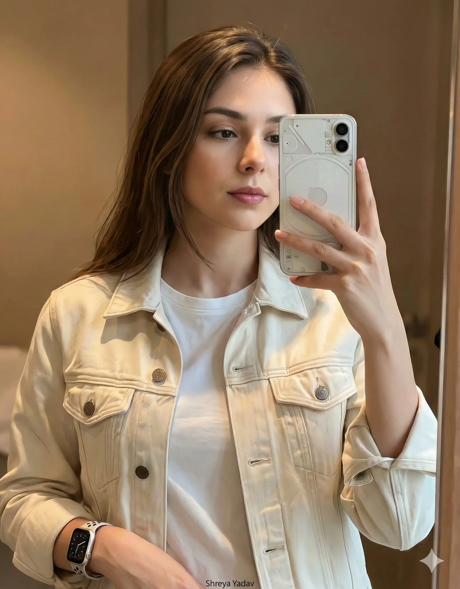 Genera una imagen de selfie ultrarrealista en el espejo a partir de una foto subida.