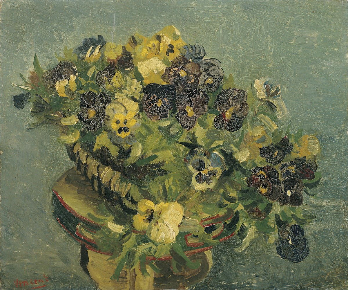 Basket of pansies on a small table 1887