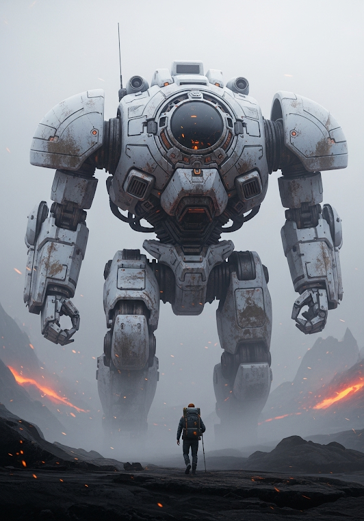 White Mecha and Lone Hiker