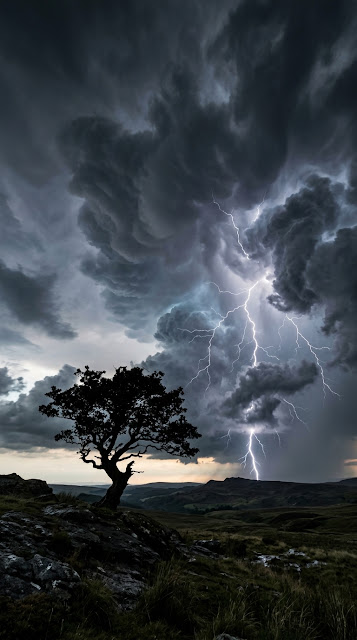 Dramatic Stormy Sky with Lightning and Resilient Lone Tree - Free mobile Wallpaper
