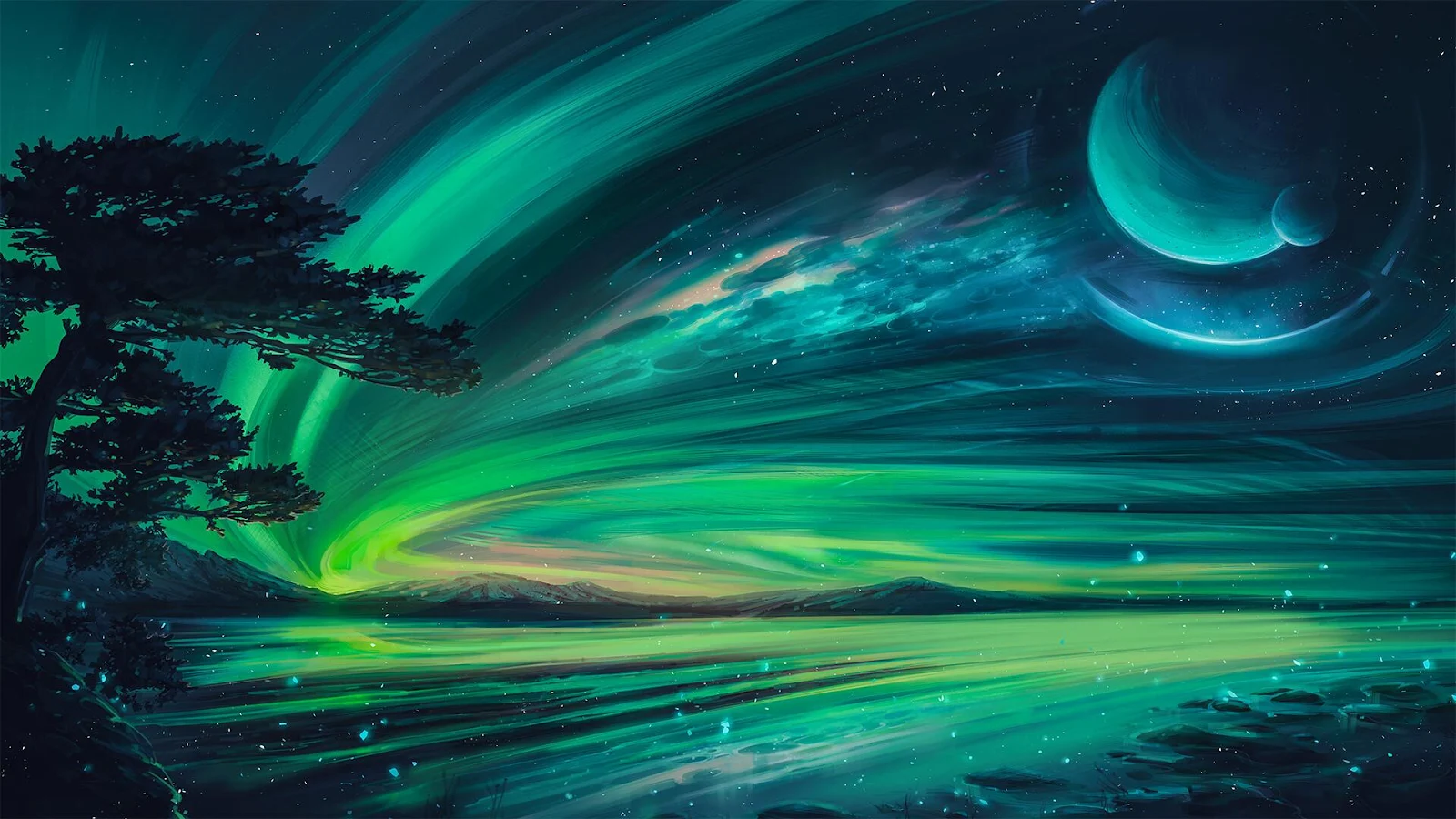 Vibrant Green Aurora Over Fantasy Planet - Fantasy Digital Art Full HD Wallpaper (1920x1080)