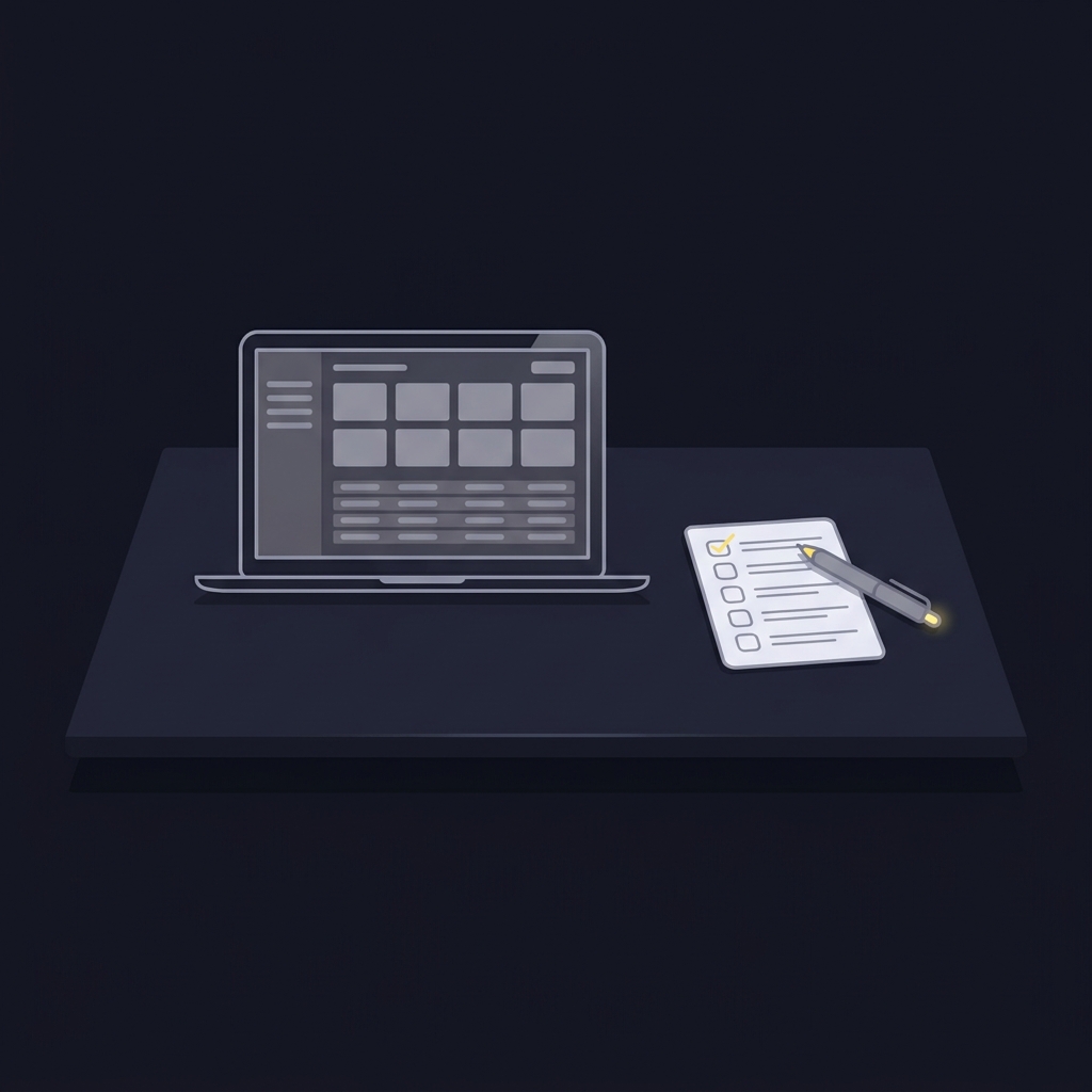 Minimal 2D vector desk illustration showing a checklist, laptop open to a roster style layout and a pen marking sources on a tidy desk scene bournemouth v nottingham forest prediction
