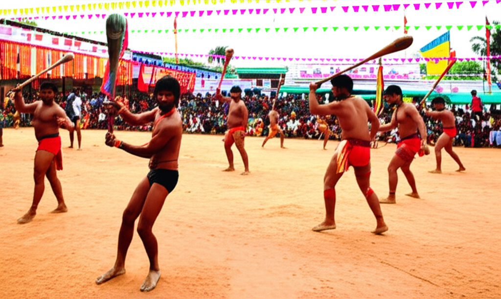 인도 전통 축제에서 수련하는 남자들의 모습