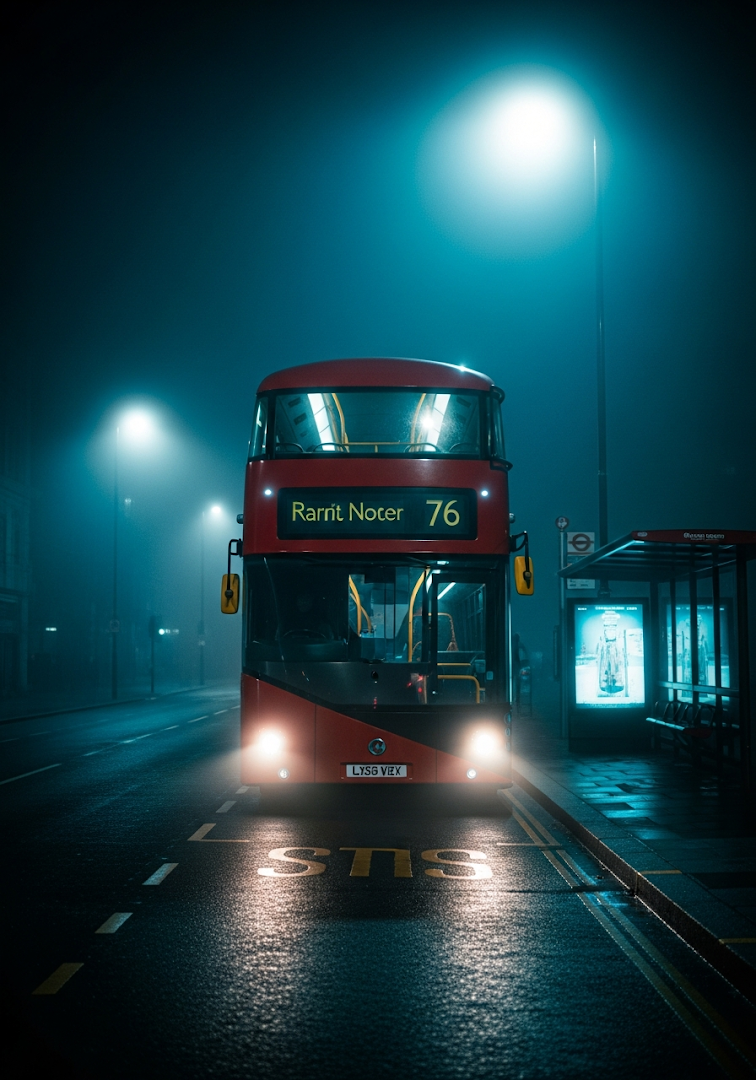 Red Bus in Eerie Fog