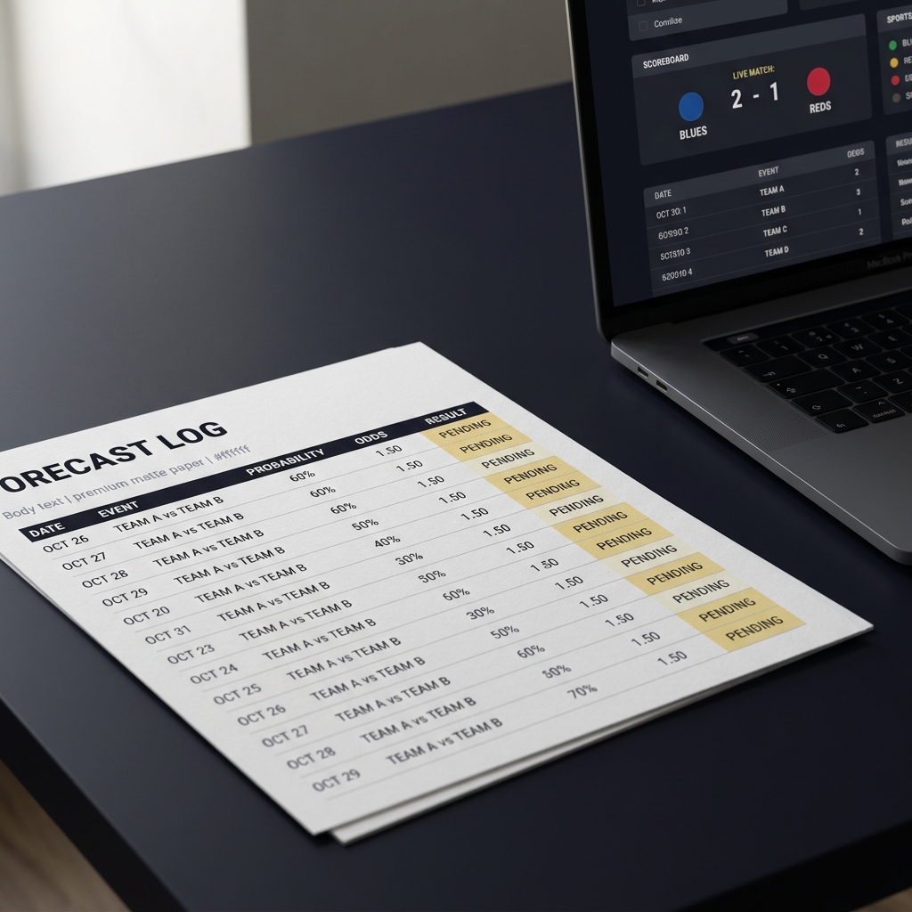 Close up of a forecast log on a desk with columns for date event probability odds and result and a laptop showing a sports matchup Can Sports Knowledge Alone Make You a Better Sports Trader