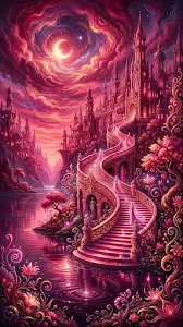 Mystical Pink Lake with Grand Staircase and Rococo Fantasy City