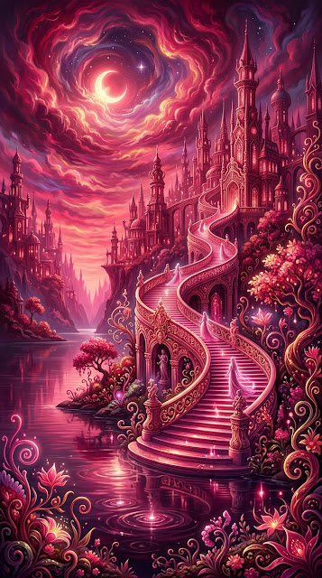Mystical Pink Lake with Grand Staircase and Rococo Fantasy City - Free mobile Wallpaper
